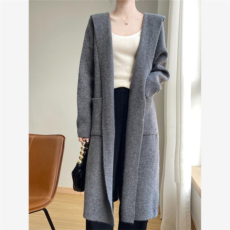 重工连帽长款针织大衣女设计感宽松毛衣开衫外套高级感中长款风衣