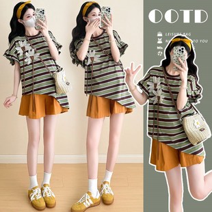 设计感条纹不规则上衣宽松托腹短裤 夏季 套装 2025孕妇装 两件套 新款