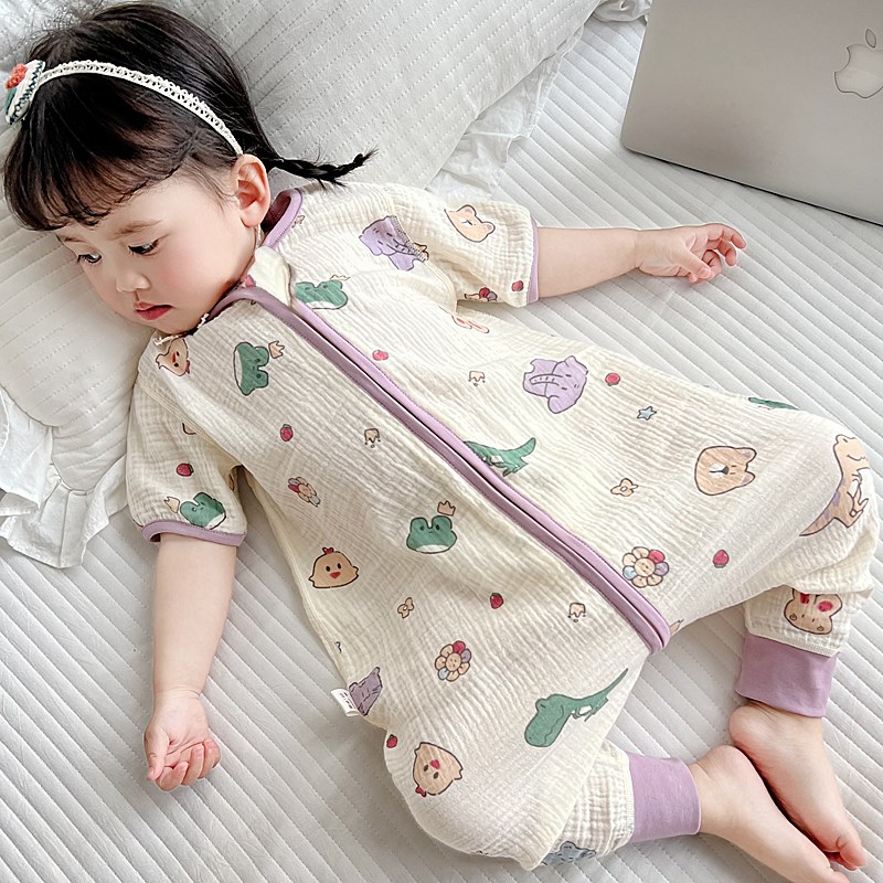 宝宝睡袋夏纯棉透气分腿儿童连体睡衣男女童纱布薄短袖婴儿防踢被
