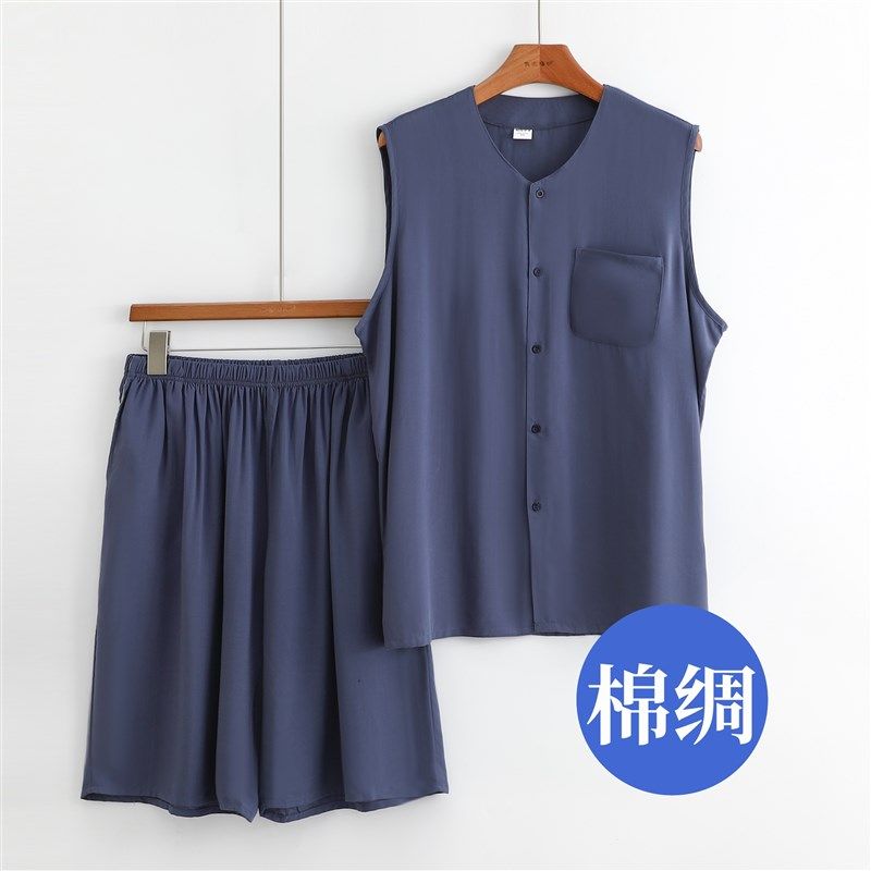 棉绸男士睡衣套装2024年夏薄款无袖开衫背心短裤爸爸人造棉家居服,女士内衣/男士内衣/家居服,睡衣/家居服套装,淘宝优惠券,粉丝福利购,淘宝优惠卷