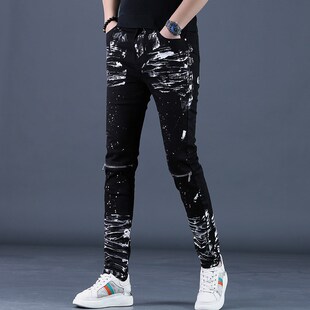 新款 小脚休闲黑色拉链长裤 高端弹力机车牛仔裤 修身 子 男士 高端春季