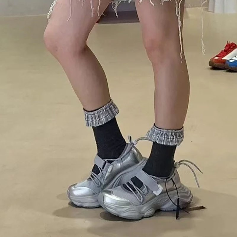 魔术贴厚底运动凉鞋女2025夏季薄款百搭增高网面浅口休闲老爹鞋女