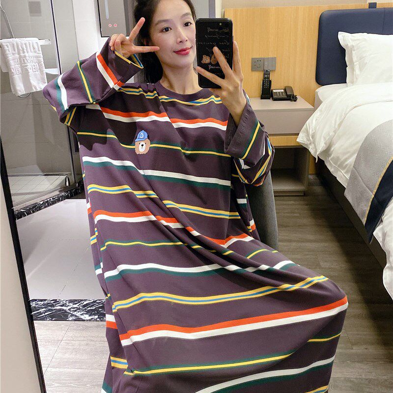 长款过膝睡裙女春秋纯棉可爱显瘦条纹睡衣大码胖mm200斤家居服