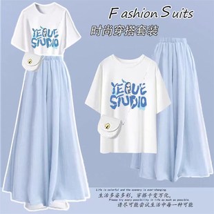 秋夏款 套装 短袖 裙两件式 T恤阔腿裤 初中生大童穿搭一整套2025新款