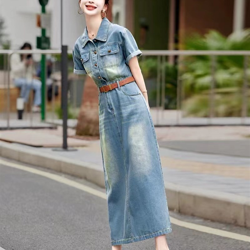 高端气质牛仔长款连衣裙2025年新款女夏季小众设计感高级感到脚踝
