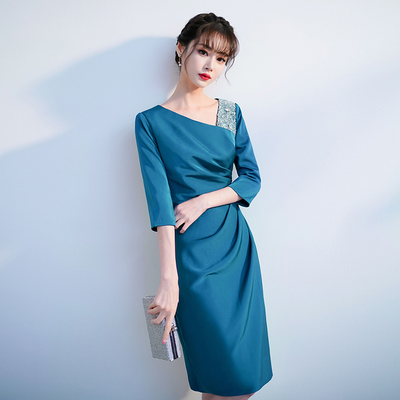 蓝色晚礼服女夏2021新款气质高端参加婚礼妈妈宴会连衣裙平时可穿