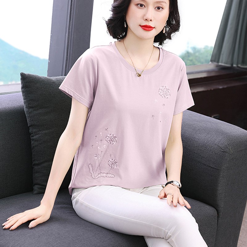 妈妈纯棉短袖t恤女 2025夏季新款中老年宽松洋气时尚遮肚半袖上衣