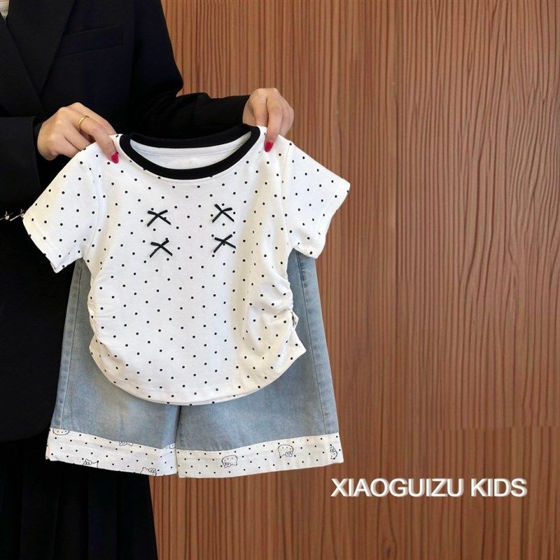 女童短袖夏季2025新款小女孩时髦套装超好看波点T恤纯棉半袖上衣