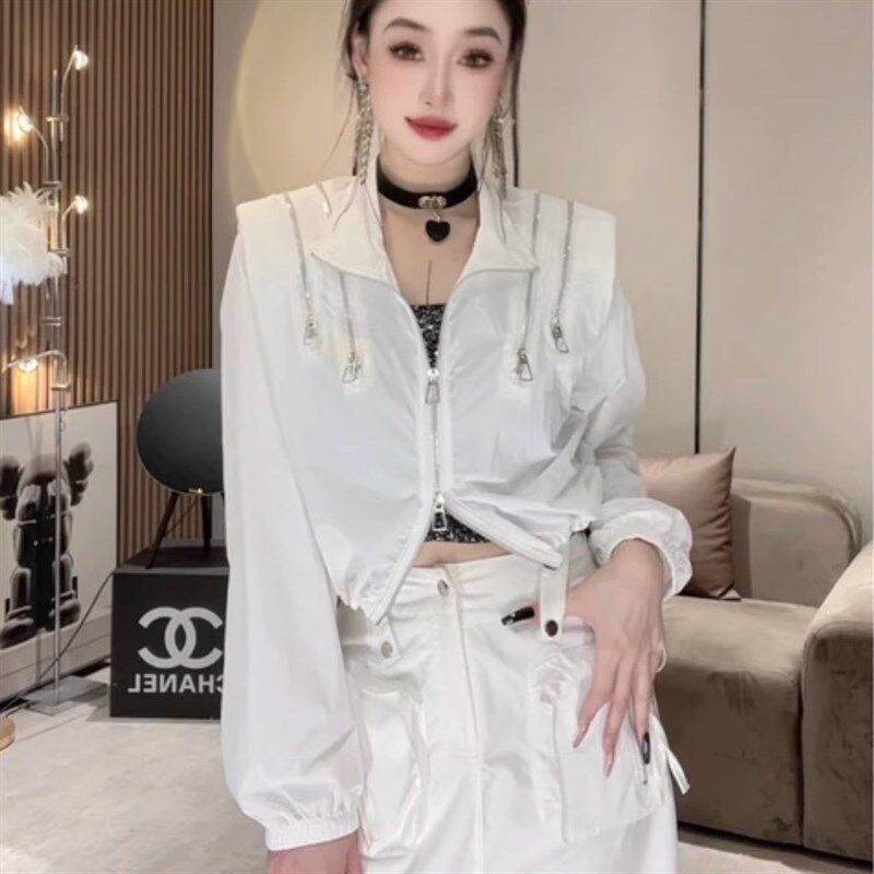 欧货设计款辣妹双拉链薄款防晒衣女宽松抽绳立领时髦短外套夹克潮