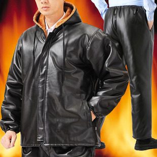 大尺码 加绒加厚连帽皮衣冬季 工作服套装 宽松保暖皮裤 皮棉衣棉 男士