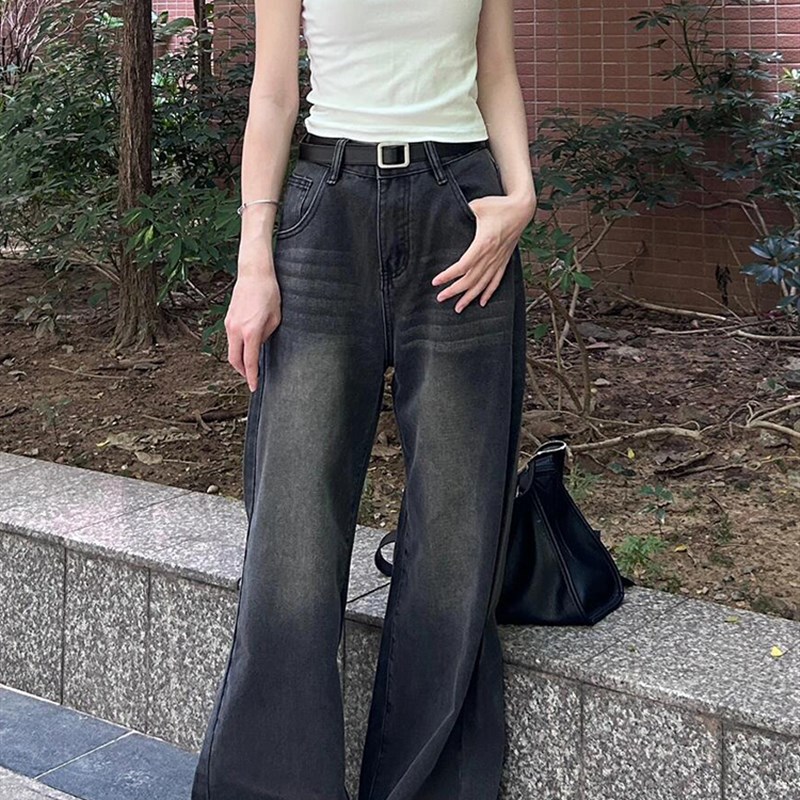 黑灰色直筒牛仔裤女秋季新款大码胖mm阔腿裤梨形身材又a又飒裤子