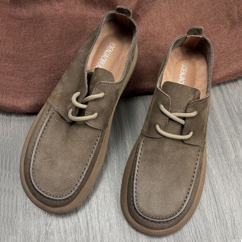 新款复古单层牛皮透气皮鞋男款百搭英伦软底休闲真皮宽脚大头男鞋