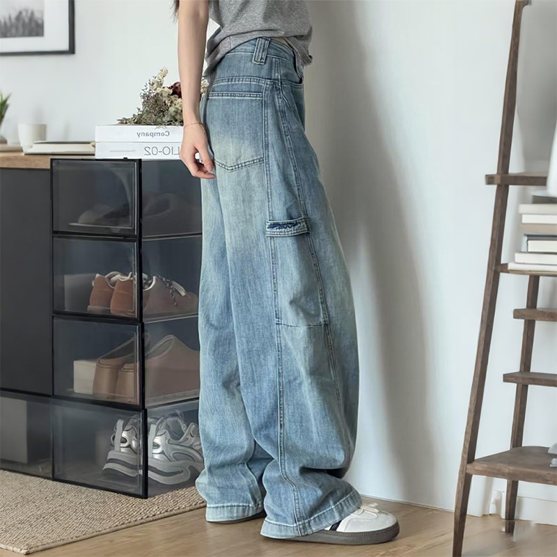 特大码女装胖mm美式复古浅色阔腿牛仔裤女高腰宽松直筒垂感弯刀裤