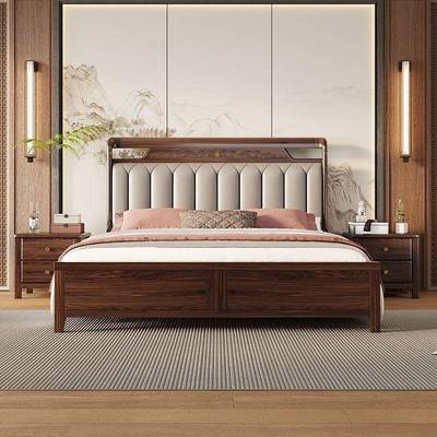 新中储式乌AQW金木实木床1.8M双人主大床约软靠卧气压简高箱物卧