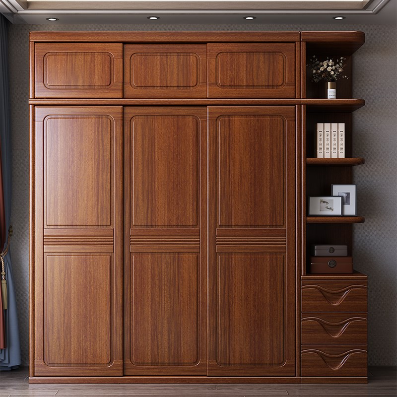 胡桃木推a拉门衣柜家用卧室全实木中式小户型大容量衣橱原木储物