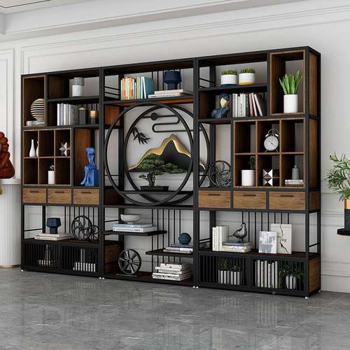 中式新示艺博古铁架书架展架办公室隔断柜餐厅实木W002茶柜茶室置