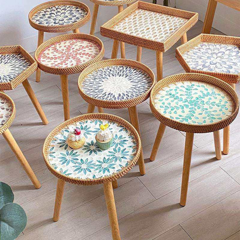 北欧风手工藤编贝壳飘窗茶几方沙发小边几欧式榻榻米小圆桌野餐桌