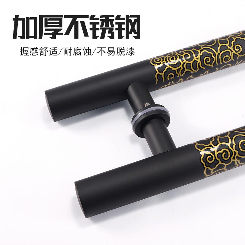 玻璃门拉手不锈钢大门圆管烤漆干粉黑色印祥云图案新中式门把手