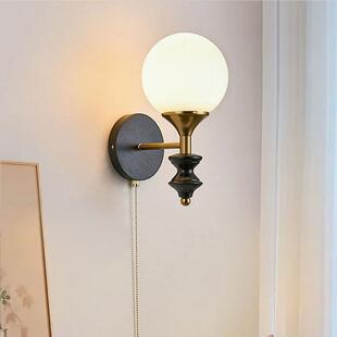 中古风卧室床头灯实木壁灯美式复古带拉绳开关客厅阳台楼梯过道灯