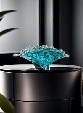 网红轻奢蓝色玻璃花瓶波浪花边水果盘居家客厅桌面样板间装饰摆件