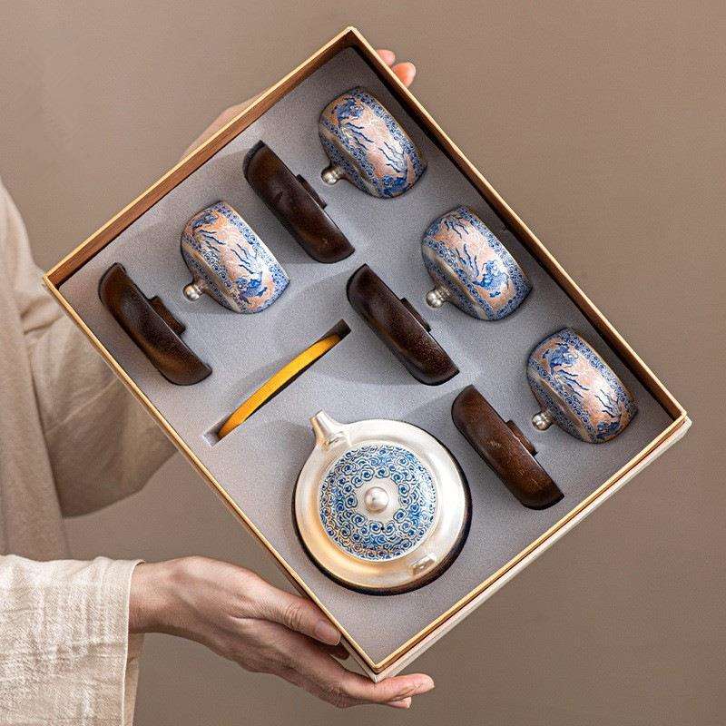 新款鎏银泡茶壶防烫提梁壶喝茶品茗杯旋转主人杯一壶四杯茶具套装