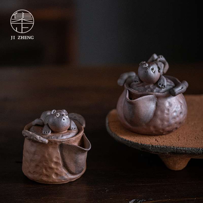 复古粗陶手抓壶 茶室可爱壶盖泡茶壶 家用雅致迷你防烫小壶单壶