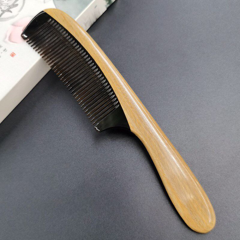 天然绿檀牛角拼接梳子玉檀香角木梳精品长柄按摩直发梳实用梳