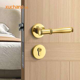 金色房间门锁室内木门磁吸分体锁卧室房门静音门锁法式复古门把手