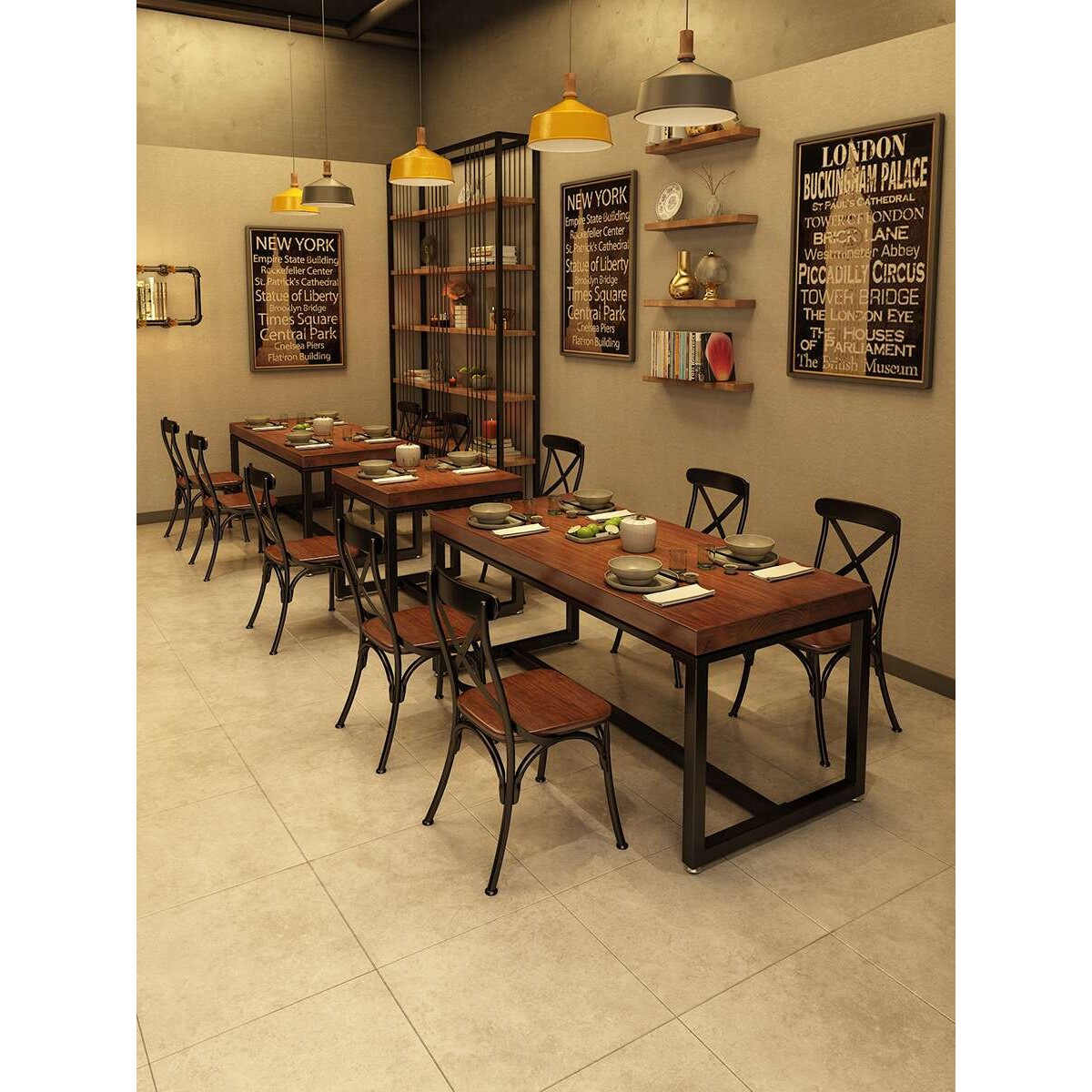 工业风铁艺实木快餐店餐桌椅组合长方形饭店餐厅面馆酒吧桌子1034