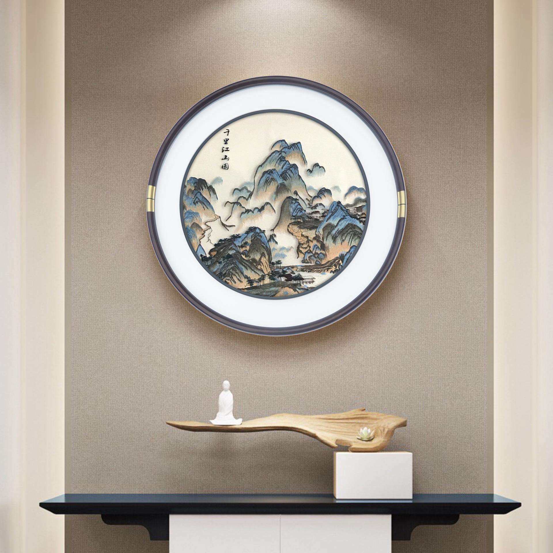 圆形刺绣画框中框透纱丝布绣客厅挂画苏绣全屋配画五福临门葫芦