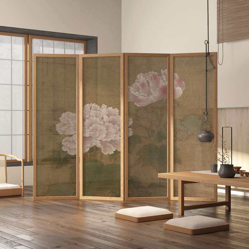 中式屏风隔断客厅卧室遮挡家用简约入户玄关实木牡丹折叠移动折屏