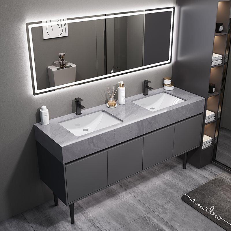 简约大理石双盆落地式浴室柜组合公共卫生间智能洗漱洗脸台盆柜