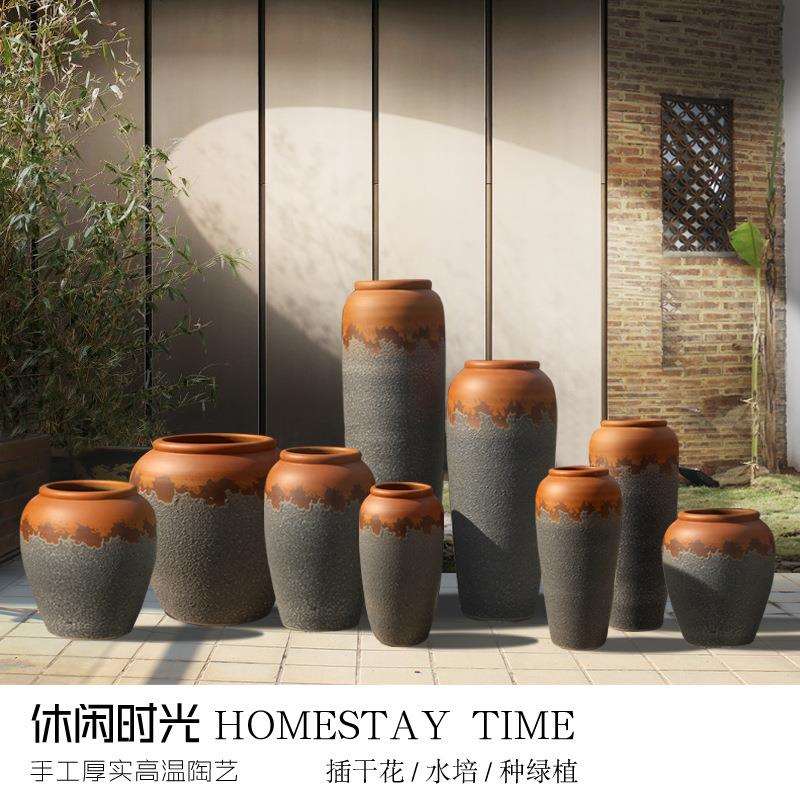 复古简约现代景德镇土陶罐摆件客厅插花粗陶盆陶瓷干花落地大花瓶
