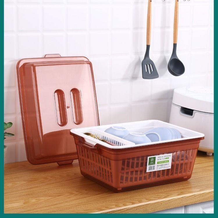 大容量餐具收纳盒 双层防尘沥水盆卫生保洁餐具收纳篮家用碗架盆