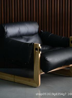 白蜡木泽西岛单人沙发椅法式复古油蜡皮黑色家用休闲客厅卧室懒人