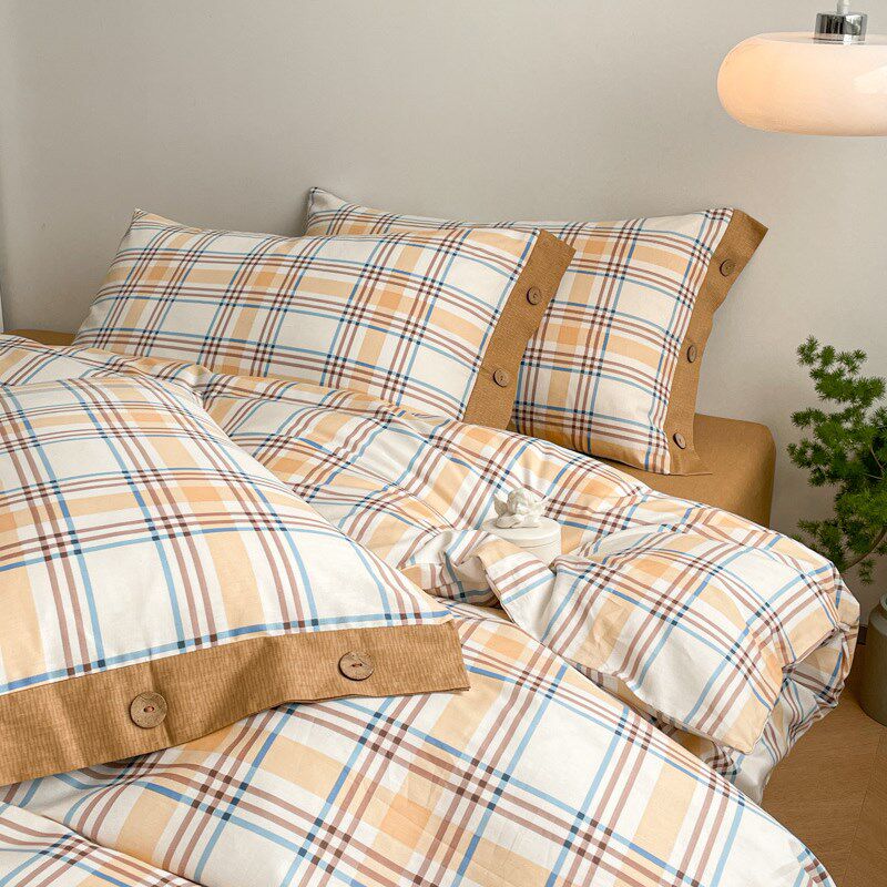质享家英伦风全棉纽扣款休闲床上四件套格子被套床单床上用品