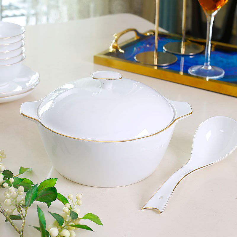 新款金边纯白骨瓷餐具碗碟套装家用陶瓷高脚吃饭碗大汤碗菜盘简约