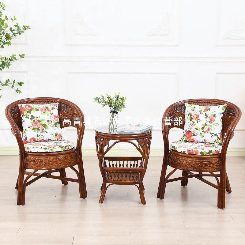S祳2真藤椅三件套阳台小桌椅组合休闲家用现代简约庭院藤编织靠背