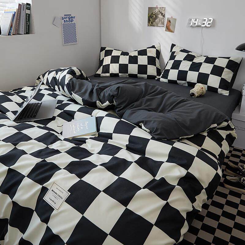 迷人居ins简约黑白格子四件套学生宿舍单人床单被套床上用品男生4