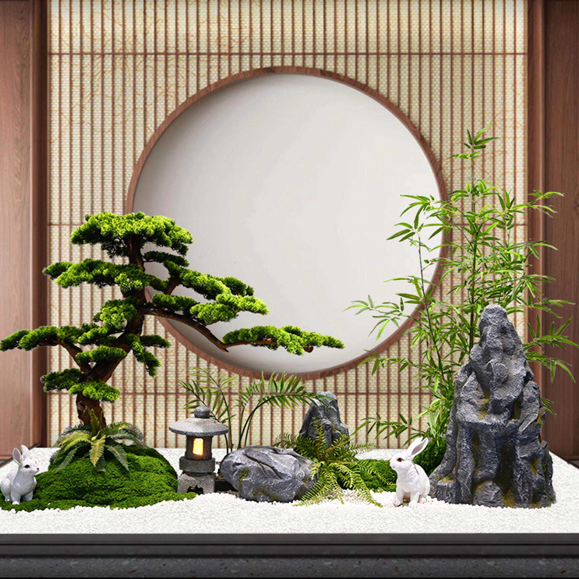 仿真迎客松假山石头新中式别墅庭院玄关装饰绿植宫灯高档造景摆件