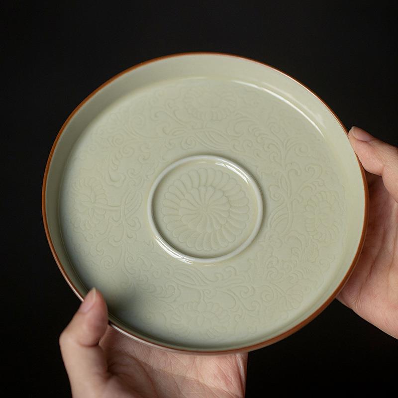 蜜合釉浮雕缠枝莲壶承干泡台家用陶瓷盖碗茶壶托盘复古功夫养壶垫