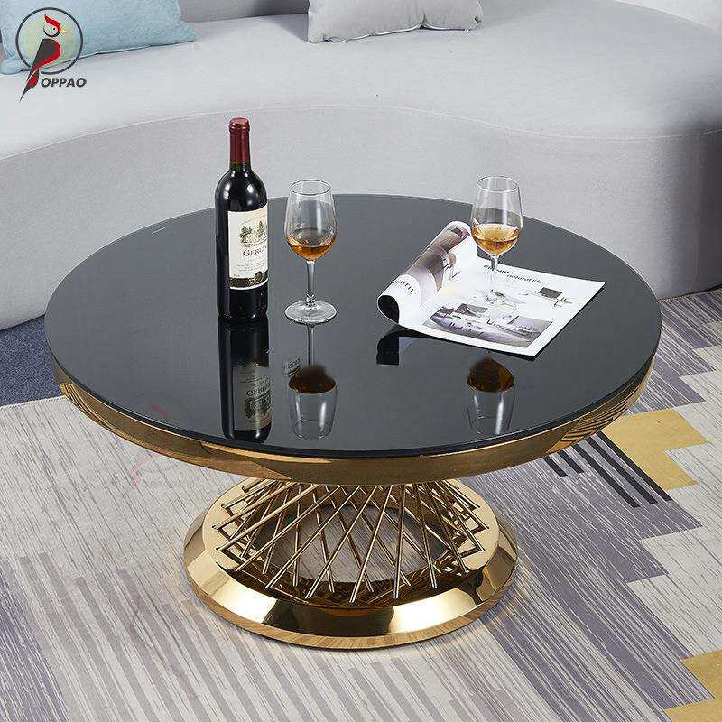 意式简约现代大理石茶几圆形轻奢客厅北欧大小户型不锈钢金色茶几