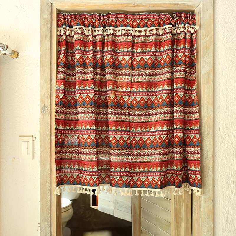 美式波西米亚半帘半帘棉麻门帘免打孔柜子帘厨房窗帘小窗