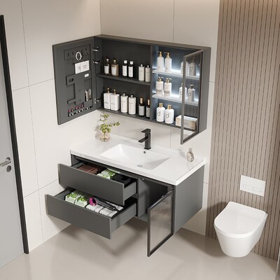 铝蜂窝灰色轻奢家装防水浴室柜组合陶瓷一体盆洗漱台