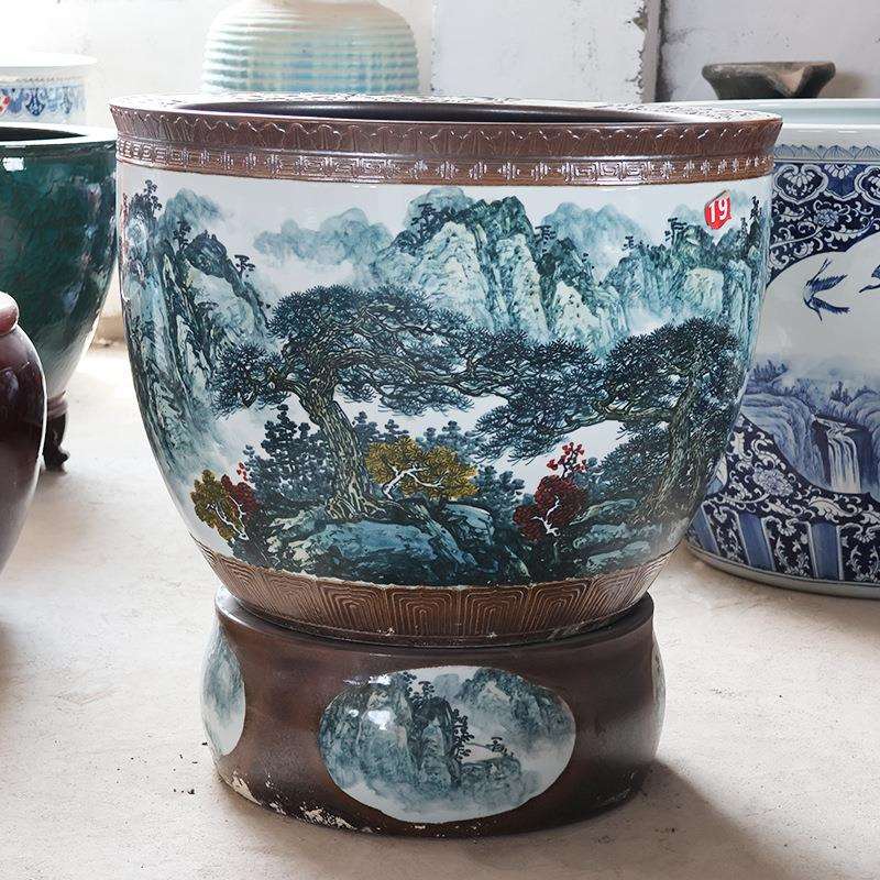景德镇千里江山陶瓷水缸中式家用养鱼睡莲荷花陶瓷风水缸现货