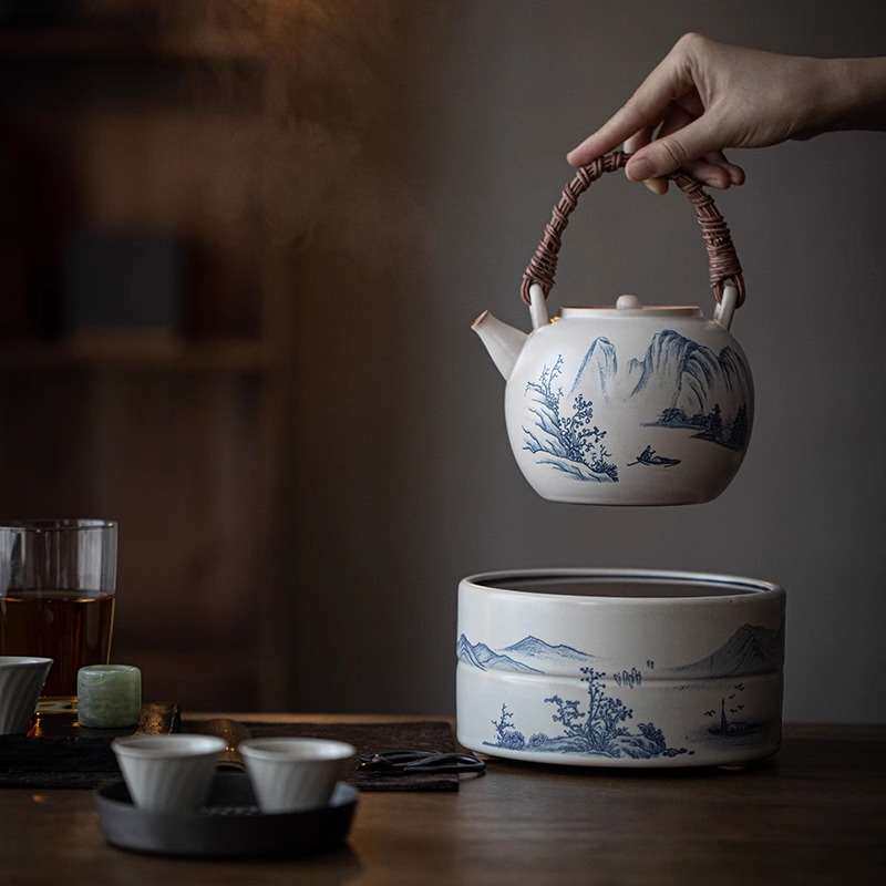 柴烧电陶炉煮茶器套装苏打釉手绘提梁陶壶煮茶壶泡茶炉茶具山水