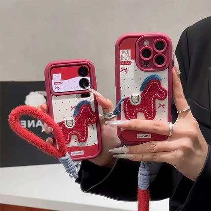 刺绣小马手机壳opporeno7新年reno5pro适用本命年reno6pro+十马年reno4喜庆3pro羊皮7se防摔2z小众挂绳个性全