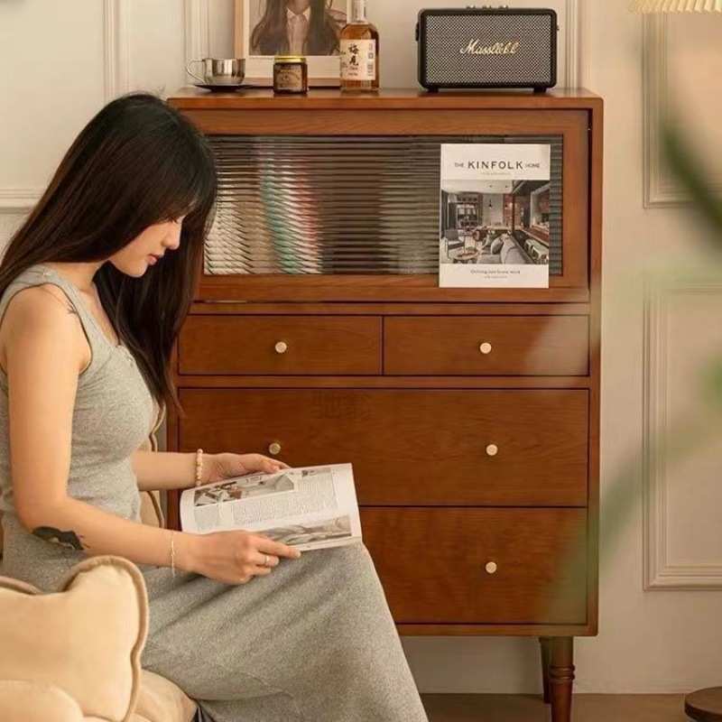 3r实木中古斗柜客厅沙发边柜杂志柜卧室复古翻门五斗柜小户型展示