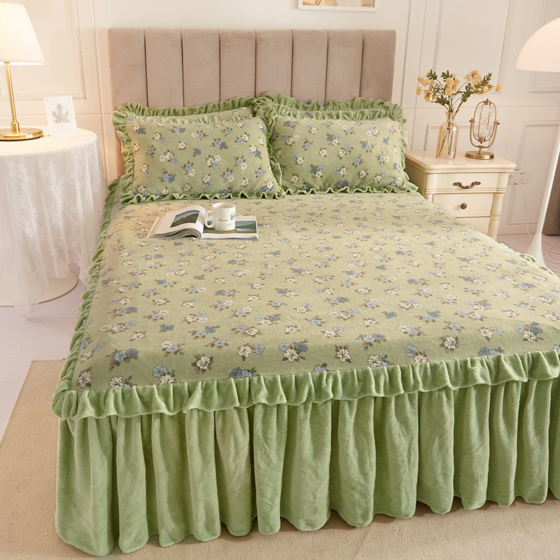田园风加厚牛h奶绒床裙三件套法兰绒印花床罩床盖加绒全包床单双