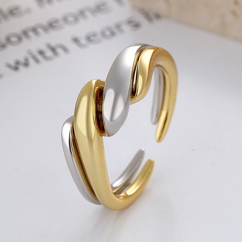 锦河畔 s925纯银韩版拼色粗麻花扭扭几何两件套叠戴朋克开口戒指